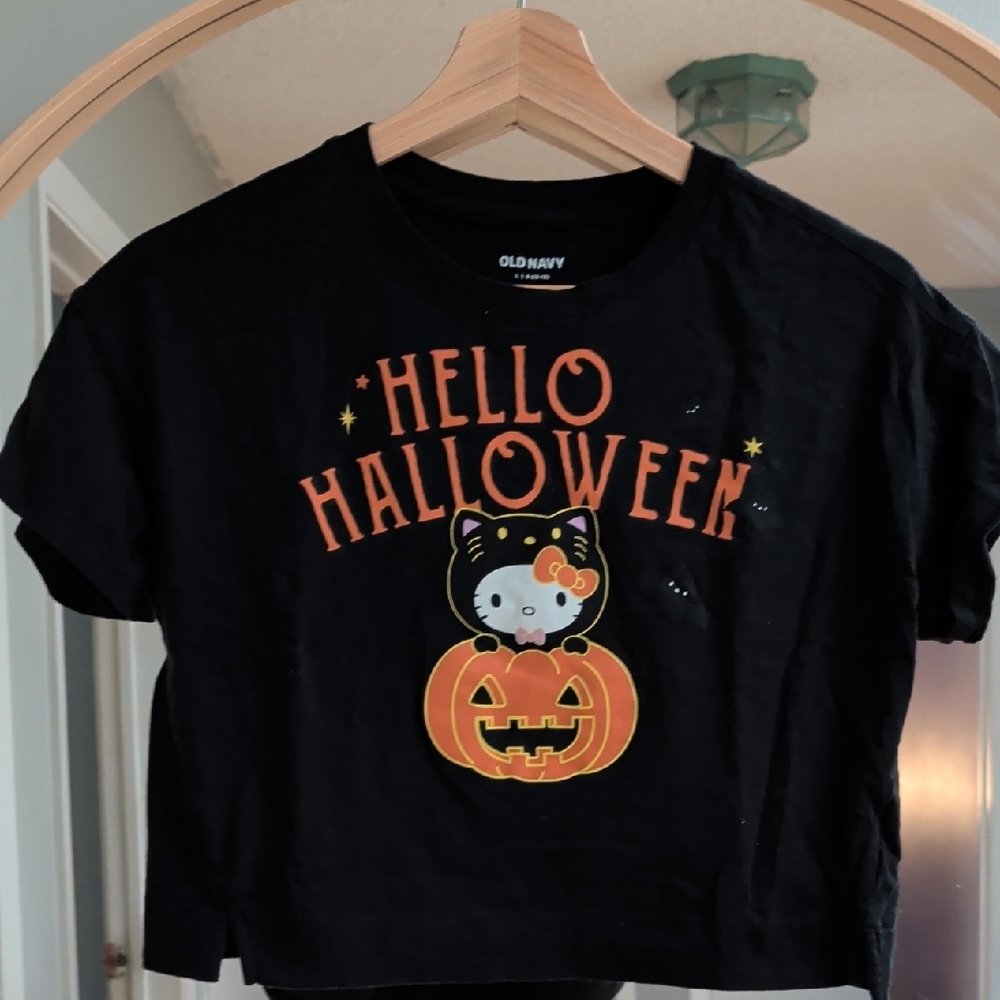 ​Old Navy x Hello Kitty Halloween Pumpkin Black Cropped Boxy Tee Girls L 10-12